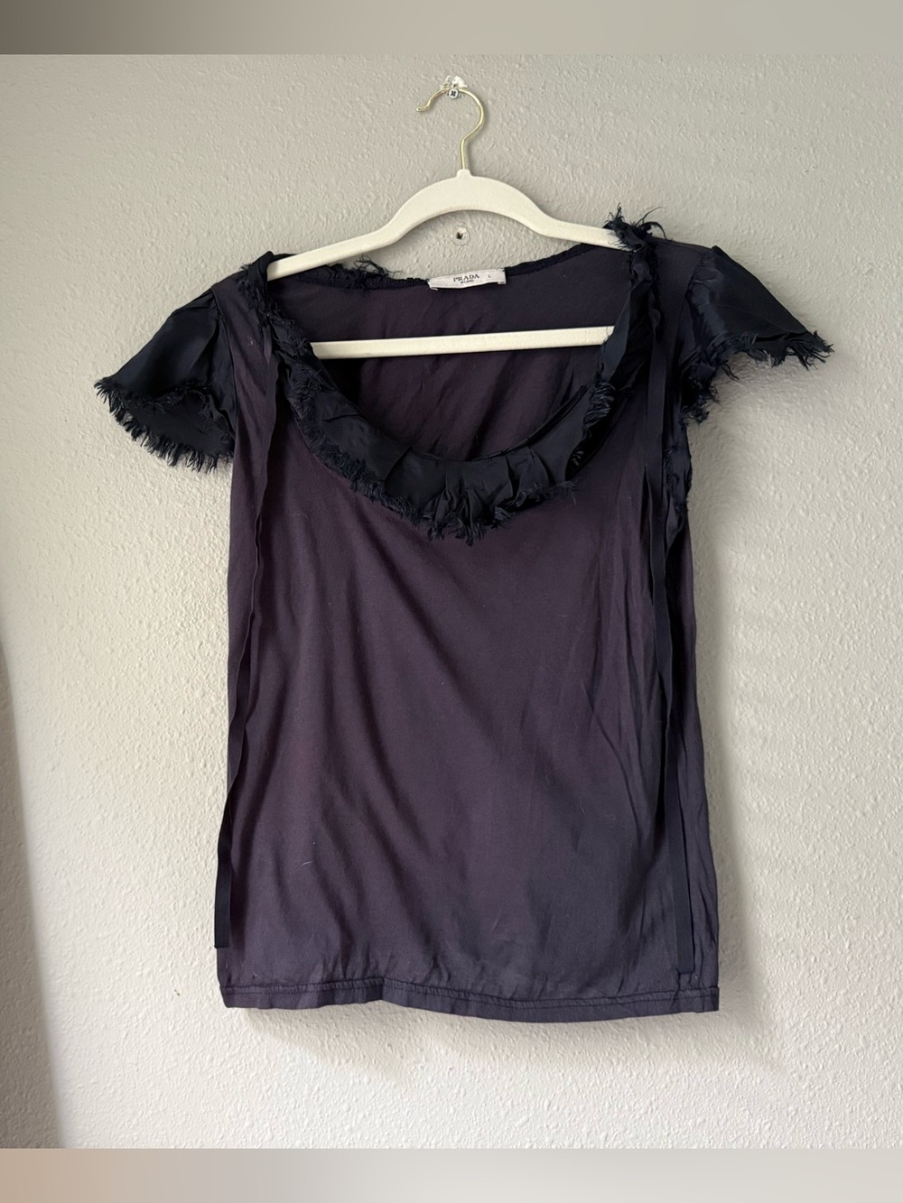 Prada Black Short-Sleeve Frayed Scoop Neck Top